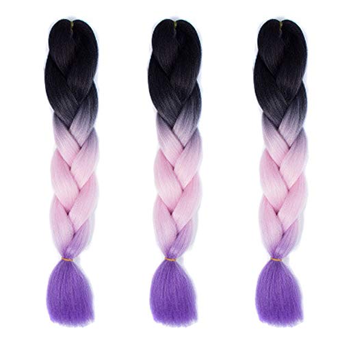 Feibin 30色 ウィッグ エクステンション 3本セット ブレイズ 編み込み グラデーション 三つ編み ヘアアクセサリー 盛りアップ つけウィッグ かつら 毛束 ウィッグ つけ毛 ヘアアクササリー ヒップ ホップ レゲエ ダンス ヘアアレンジ (44#ピンク)