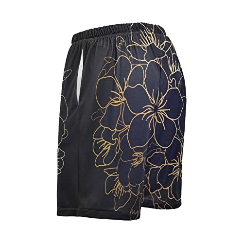 Gold Cherry Blossom Floral On Black Men's Pajama Pants Shorts Sleepwear Lounge Pajama Bottoms4