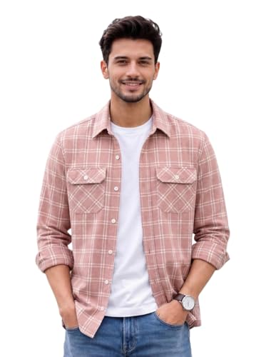 Image of Amazon Brand - INKAST Men's Cotton Blend Button Down Shirt || Long Sleeve Casual Flannel Check Shirt || Soft Breathable Lightweight Collared Shirts with Two Flap Chest Pockets || Stylish Everyday Wear