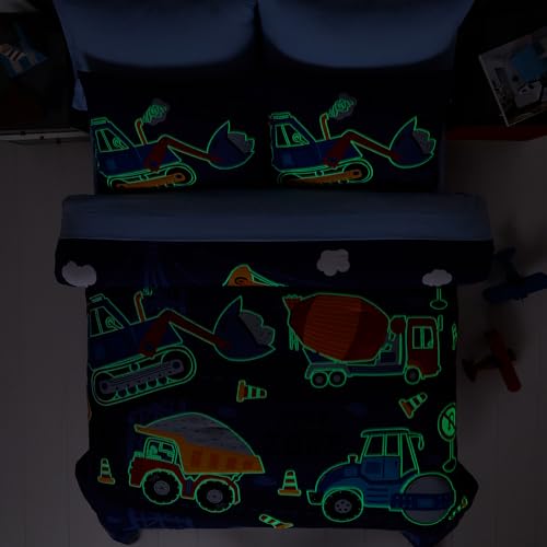 Full Size Comforter Set for Boys-7 Pieces Truck Tractor Excavator Glow in The Dark Full Bedding Sets for Kids, Ultra Soft Bed in A Bag with Sheets