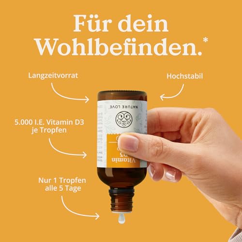 NATURE LOVE® Vitamin D3 5000 (50ml flüssig) - Laborgeprüfte 5000 I.E. pro Tropfen - in MCT-Öl aus Kokos - Vitamin D hochdosiert - hoch bioverfügbar, sehr hohe Stabilität - in Deutschland produziert