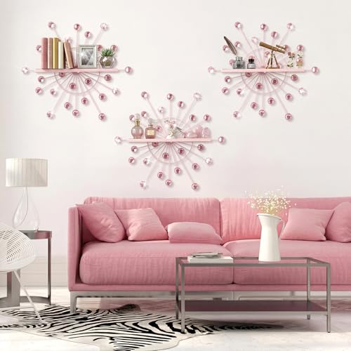 Image of Yaocom 3 Pcs Bling Crystal Floating Shelves Metal Starbursts Wall Decor Folding Shelf Pink Corner Shelves Hanging Wall Mounted for Storage Bedroom Bathroom Living Room Kitchen Office Home Decoration