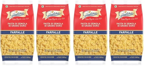 Image of Gustora Farfalle Pasta Combo Pack Of 4 I Durum Wheat Semolina I Rich In Protein & Fibre I Zero Cholesterol I Cooking Time 10 Min I Vegetarian Pasta - (500 Gm X 2)