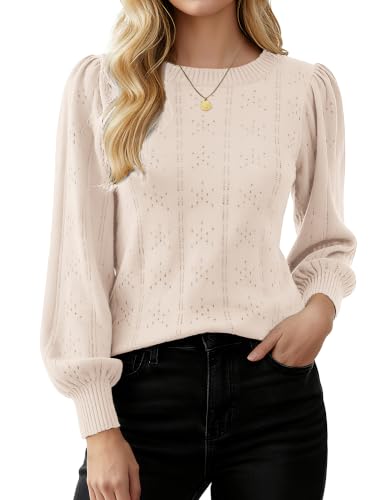 Image of GRACE KARIN Fall Sweaters for Women 2026 Puff Long Sleeve Crewneck Dressy Casual Tops Crochet Hollow Out Cute Pullover Blouse