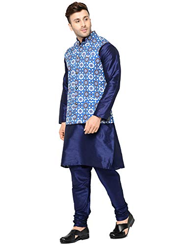 Image of SAIFOO Men's Silk Navy Blue Kurta Pyjama & Printed Nehru Jacket