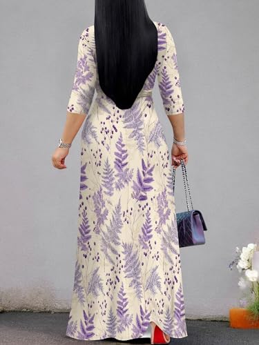 Image of Women's V Neck Floral Maxi Dress 3 /4 Sleeve Plus Size Boho Wrap Flowy Long Dresses with Belt
