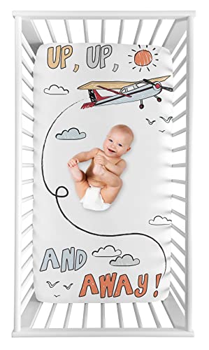 Image of Sweet Jojo Designs Vintage Airplane Boy Fitted Crib Sheet Baby Toddler Bed Nursery Photo Op - Grey Yellow Orange Red White and Blue Airplanes Air Plane Transportation Clouds Sun Sky Aviator Aviation