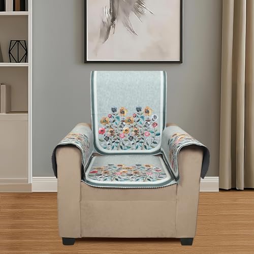 Image of Velvet 3 Seater Sofa Cover with 6 Seat and Back Covers, 2 Hand Rest Covers - Floral Design - Washable Fabric - Stylish Sofa Cover for Modern Living Room (Light Green, 3 Seater With Arm Cover)