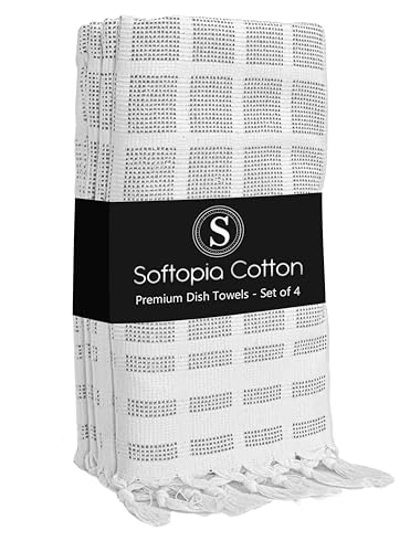 Image of Matrix Dobby Kitchen Dish Towels Set of 4, 100% Cotton, 16x26 Inches, Reusable Dishcloths with Handmade Knotted Tassels, Absorbent, Washable Towels for Cleaning - Dark Gray, White