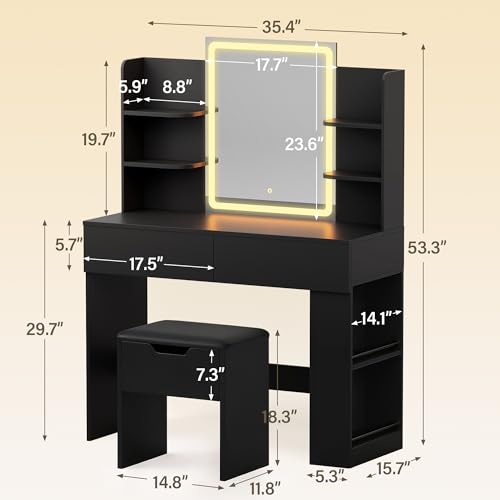 Image of YESHOMY 35.4 Inch Vanity Desk Set with LED Mirror and Lights, Classic Black | Makeup Vanity Set with 2 Drawers, Side Shelves, Storage Bench, Open Shelves and 3 Color Lighting Modes