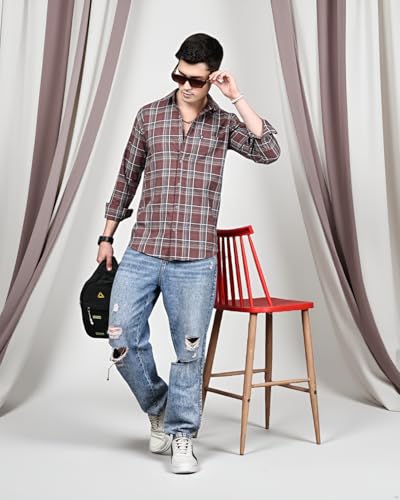 Image of Majestic Man Stylish Slim Fit Cotton Spread Collar Checked Casual Shirt for Men