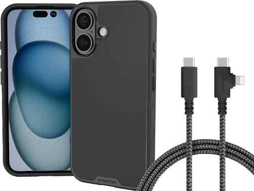 Smartish iPhone 16 MagSafe Case + USB C Lightning Cable Combo - 6 Foot Fabric Wrapped Fast Charging Cable + Magnetic Cover Compatible with Apple iPhone 16 - Black Tie Affair