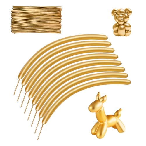 150Pcs Balloon Modelling Balloons, Long Balloons for Tying, Balloon Modelling Kit Gold for Tying Animals Making Flowers Wedding Birthday Party Decoartion