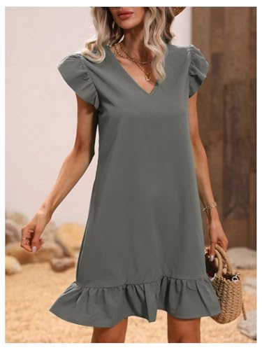 Image of SOLY HUX Summer Dresses for Women V Neck Cap Sleeve Ruffle Hem Smock Short Dress Plain Grey X-Small