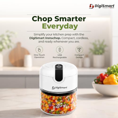 Image of DIGISMART USB Rechargeable Mini Electric Chopper 250ml, Portable Unbreakable Vegetable Cutter With Stainless Steel Blades, One Touch Cordless Garlic, Onion, Ginger, Chopper For Kitchen, White