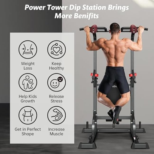 Pooboo Power Tower Dip Station Pull Up Bar for Fitness Home Gym Workout,Multi-Function Adjustable Height Fitness Strength Training Exercise Equipment,with Supine Board