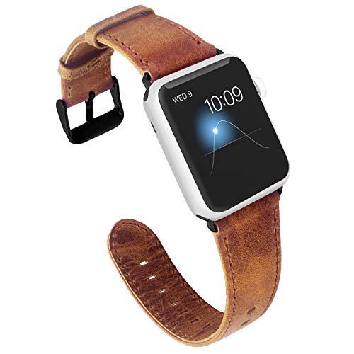 KADES Compatible for Apple Watch Band Genuine Leather Replacement Strap with Retro Crazy Horse Texture Compatible for Apple Watch Series 4 40mm & Series 3/2/1 38mm, Brown with Black Hardware