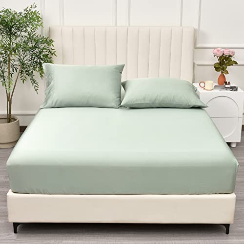 PHF Cooling Fitted Sheet Twin Size for Hot Sleeper,100% Rayon Derived from Bamboo_,16" Deep Pocket, 2.5cm Wider Strong Elastic Easy Fit, Breathable Silky Soft, 39"x 75",Sage Green, No Pillowcases