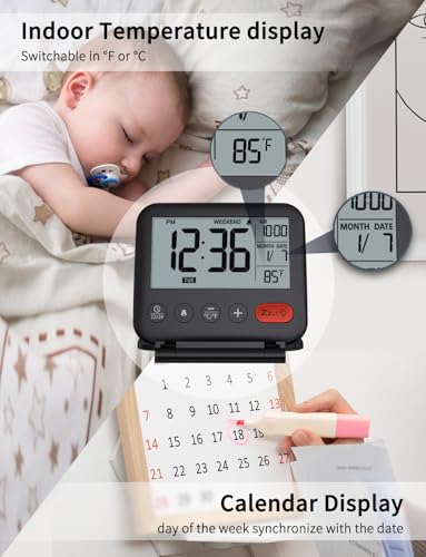 Image of NOKLEAD Digital Travel Alarm Clock for Bedroom Office: Small LCD Desk Clock with Backlight Date Temperature Snooze 12 /24H Weekend Mode and Mirror, Battery Powered Folding Bedside Clock for Adult Kids
