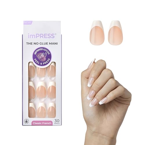 Kiss Impress No Glue Mani Press On Nails Ideal Classic French Manicure Kit 30 Light Neutral + White Tip Short Coffin Shaped With IMPROVED Adhesive Includes Prep Pad Manicure Stick & Mini File