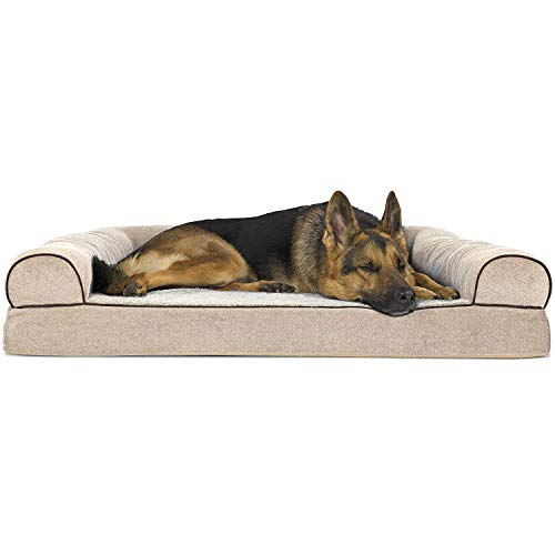 Image of Furhaven Orthopedic Dog Bed for Large Dogs w / Removable Bolsters & Washable Cover, For Dogs Up to 95 lbs - Sherpa & Chenille Sofa - Cream, Jumbo /XL