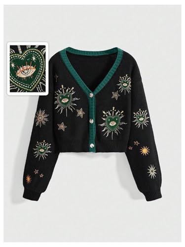 Image of BEAUDRM Women's Cropped Cardigan Sweater Embroidered Cardigan Cropped Sweater Button Down Knit Top Outerwear