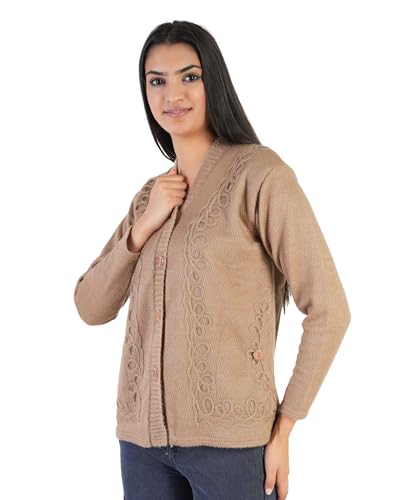 Image of MANRA Women's Woolen V-Neck Buttoned Full Sleeve Cardigan Self Design Soft Wool Fabric Winter Wear Pure Wool Sweater Fully Warm with Front Pockets Stylish Cardigan