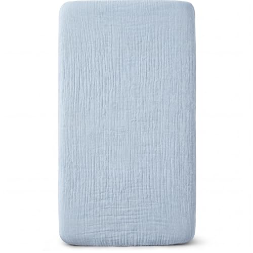 Image of Muslin Bassinet Sheet Compatible with Mika Micky & Baby Delight Bedside Sleeper - 100% Cotton Rectangular Mattress Pad Cover (35 inchx20 inch), Breathable & Soft, Boho (1 Pack Blue)