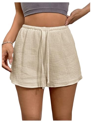 Women's Elastic High Waisted Track Shorts Casual Wide Leg Textured Drawstring Mini Shorts