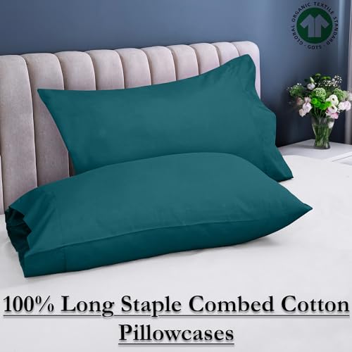 Image of ROYALE LINENS 300 Thread Count 100% Long Staple Combed Cotton Pillowcases Set of 2 - Ultra Soft - Standard Bed Pillow Cover - 20 inchx26 inch - Breathable, Cool & Crisp Percale Teal Pillow Cases (Std, Teal)