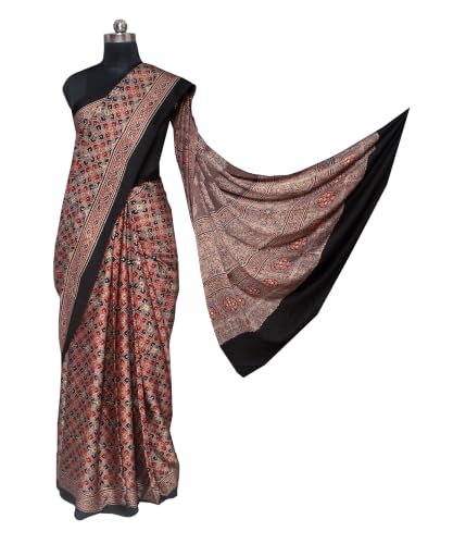 Image of Ethnics of Kutch Womenss Ajrakh Modal Silk Natural Dye Hand Block Print Saree with Blouse Piece - 5.5 Mtr Length