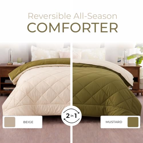 Image of King Size Comforter for Double Bed, 220 GSM Soft Microfiber Blanket, All Season Lightweight Reversible Bed Quilt, Premium Bedding, 90 x 100 Inch, Mustard Beige