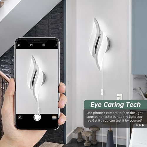 Image of CANEOE Plug in Wall Sconces Set of Two 6000K Chrome Modern LED Wall Light Fixtures Acrylic Wall Sconce Lighting for Living Room Bedroom Bedside Bathroom Hallway Stairway Wall Lamp