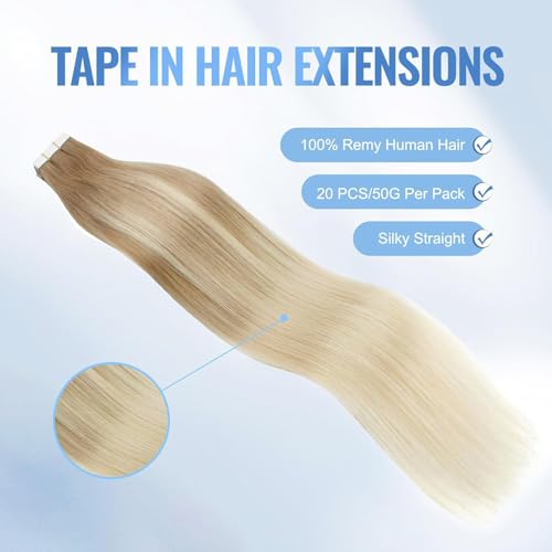 Image of Sixstarhair Invisible Tape In Hair Extensions Real Human Hair Balayage Blonde with Light Chestnut Brown Fading to Platinum Blonde Hair Extensions 20 Pcs 50g [Color #B8-60 18 inch]