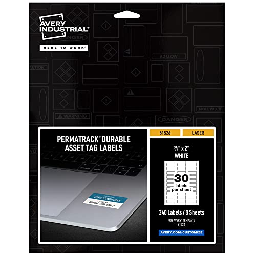 Image of Avery White Asset Tag Labels, 3 /4 inch x 2 inch, Laser Printable Tags, 240 Waterproof Labels (61526)