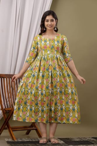 Image of Amazon Brand - Tavasya Women Botanical Floral Printed Maternity Midi Dress | Round Neck | 3 /4 Ruffle Sleeves | Concealed Feeding Zip | Gathered Tiered Nursing Dress