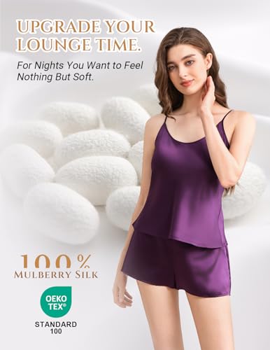Image of THXSILK 100% Mulberry Silk Women Cami Pajama Set, Tank Top with Shorts Sleepwear, Adjustable Spaghetti Straps, Luxury Pj Set