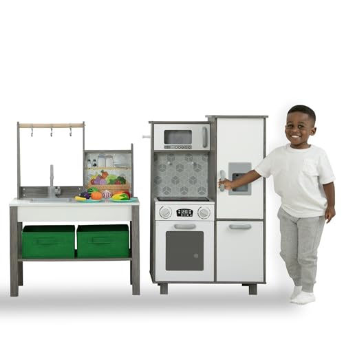 Image of Delta Children Gourmet All-in-One Corner Play Kitchen - Toy Kitchen Playset with Safe & Heatless Stove with Lights, Oven, Sink, Fridge/Freezer with Ice Maker and 20 Accessories, Natural/White