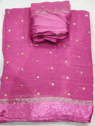 Image of Pure Georgette Sequence Work Saree with Contrast Blouse, Satan Patta Fabric