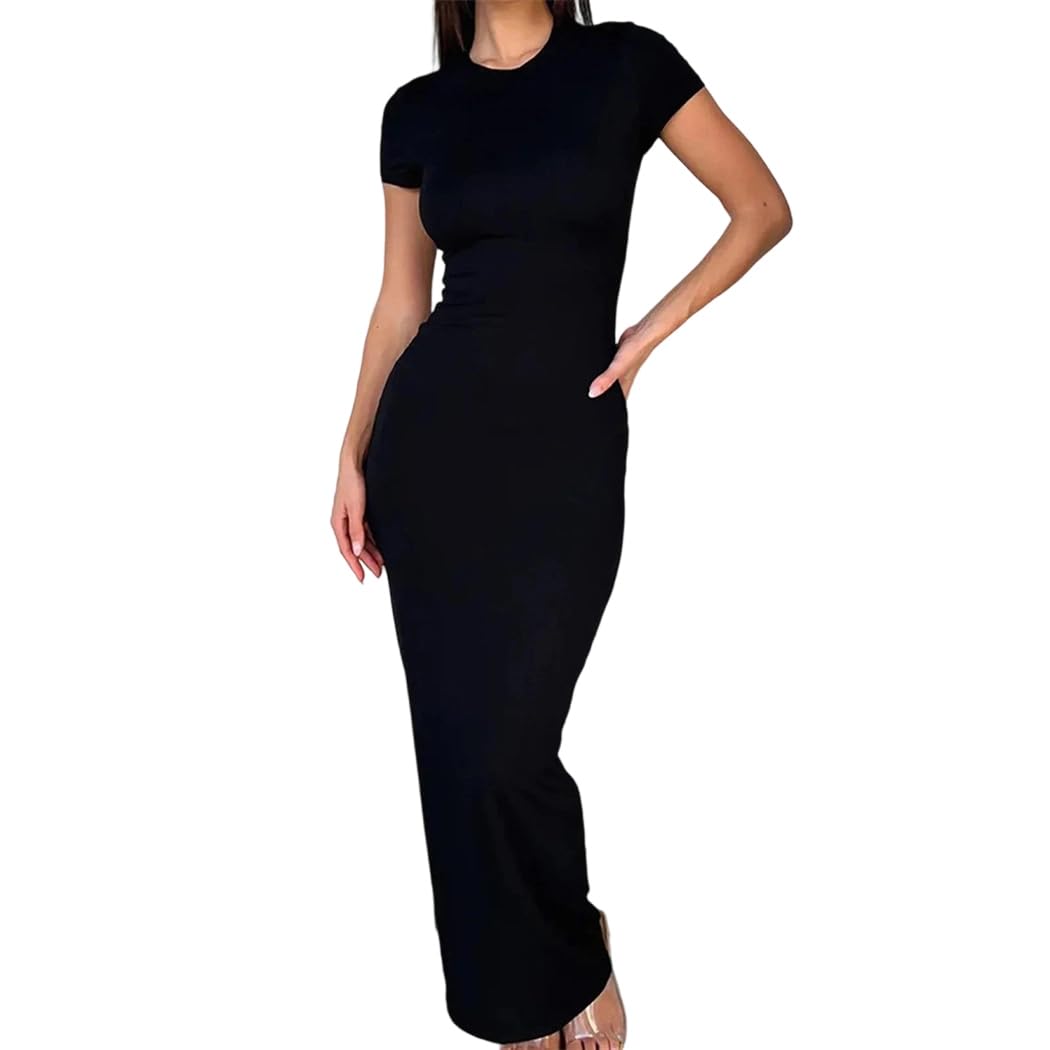 Vestido largo ajustado de color sólido para mujer, cuello redondo, manga corta, sexy, ajustado, vestido largo de fiesta