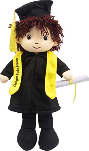 Linzy Congratulations 17" Cloth Boy Rag Doll With Graduation Cap & Gown, Brown Hair #TOP25