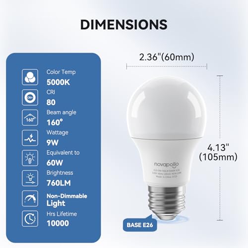 Image of A19 LED Light Bulbs,60 Watt Equivalent LED Bulbs,Daylight White 5000K LED Lights for Bedroom,760LM Non-Dimmable,9W E26 LED Lights,4-Pack