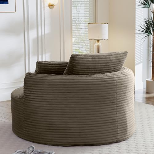 Image of Antetek 53.5-inch Round Chair, Modern Accent Corduroy Comfy Deep Seat Boneless Foam Floor Single Circle Chaise Sofa Chair with 3 Pillows for Living Room Bedroom Office, No Assembly Required, Camel