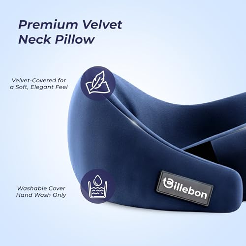 Image of Billebon Gel Infused Memory Foam Neck Pillow, Travel Pillow with Adjustable Velcro Straps, Neck Pillow for Travelling & Flight Travel, Ergonomic Support for Comfort & Pain Relief (Navy Blue)