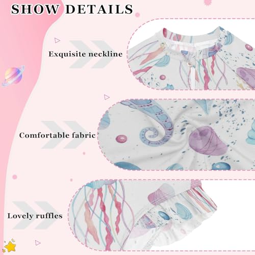 Wusikd Girls Long Sleeve Swimsuit Jellyfish Sea-Horse One Piece Bathing Suit Zipper Watercolor Swimwear Sun Protection 5-6T4