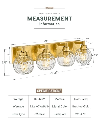 Image of Bathroom Light Fixtures Over Mirror, 26 inch Brushed Gold Bathroom Vanity Light with Clear Hammered Glass Globe Shade, 4-Light Modern Sconces Wall Lighting, VL200-BG-CL-4