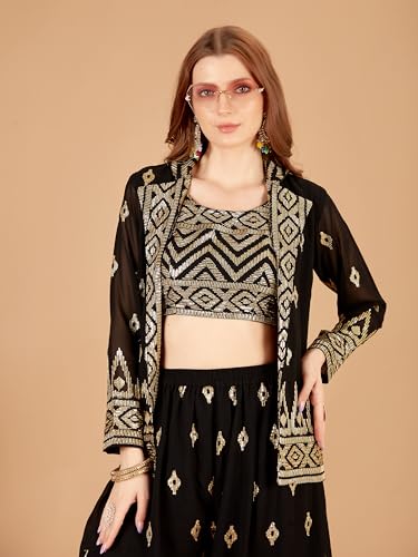 Image of Xomantic Fashiion Womens Black Color Jacket With plazzo Set