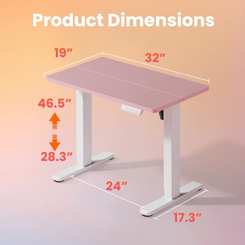 Image of HUANUO 32 inch Small Electric Standing Desk Adjustable Height, 4 Memory Height Settings, Sit Stand Up Desk for Home Office & Computer Workstation, Pink