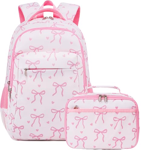 LEDAOU Mochila escolar para meninos e meninas e crianças, mochila de ensino fundamental para 8 a 14 anos, Com lancheira - gravata borboleta bege, Medium, Mochila para meninos e meninas