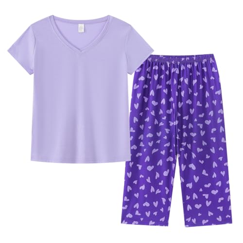 Image of YIJIU Women Soft Comfy Pajamas Cute Cat Short Sleeve Capri Pants PJS Set